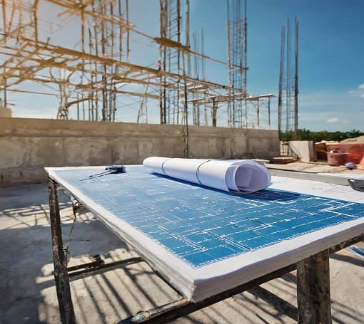 Bauplan auf einem Tisch auf einer Baustelle mit sichtbaren Gerüsten und Stahlträgern im Hintergrund bei sonnigem Wetter.