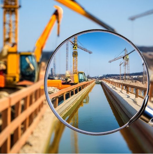 Baustelle mit Kränen und Wasserkanal, durch eine Lupe betrachtet.